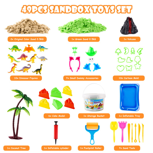 Play Sand Kit 3.3lbs 2 Colors Sensory Sand with Dinosaur Animal Cake Molds Tools
