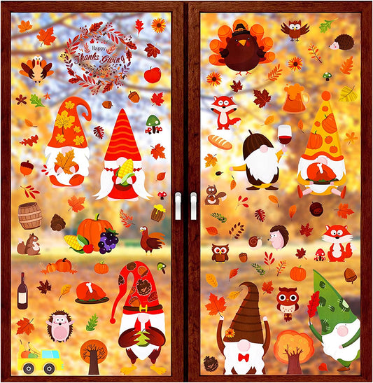 12 Sheets Christmas Static Window Cling 191PCS Thanksgiving Cartoon Window Gnome