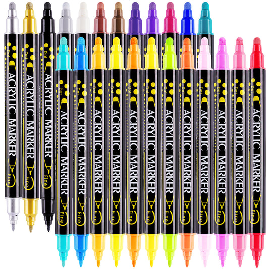 Dual Tip DOT Marker Pens, 24 Colors 1mm Fine Tip & 5mm Round DOT Tip Water-Bas