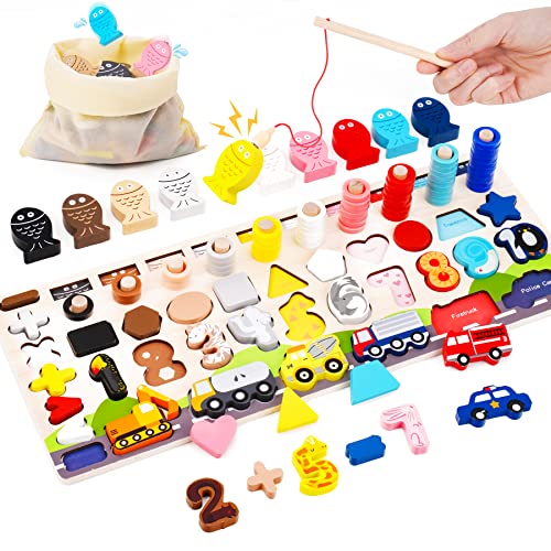 Wooden Magnetic Fishing Puzzle Sorting Stacking Toy 6-In-1 3D STEM Montessori