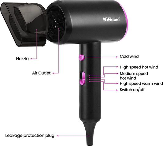 Negative Ionic Hair Dryer 1200W Professional Blow Dryer 2 Heat Settings 2 Speeds