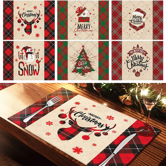 Linen Merry Christmas Placemats 6PCS Holiday Dining Table Place Mats Mix Designs