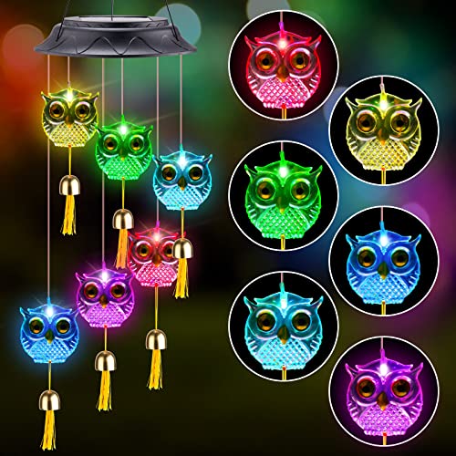 Solar Wind Chimes Changing Colors Owl, Memorial Wind Chimes Waterproof for Out