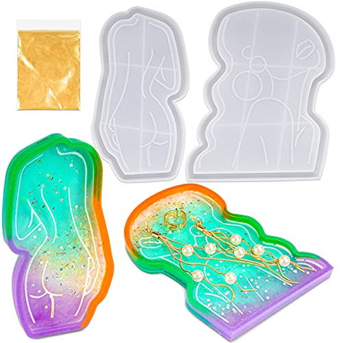 Female Model Tray 2PCS Epoxy Resin Silicone Mold Kit with Gold Glitter, Abstra