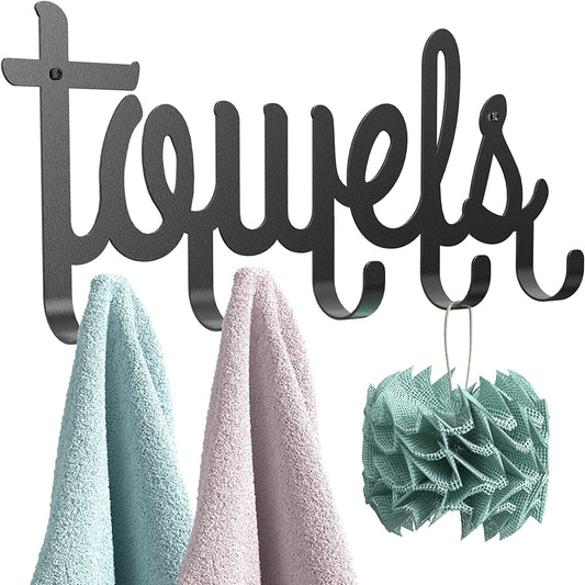 Towel Rack 5 Hooks Wall Mount Bathroom Metal Holder Organizer Space Saving Black