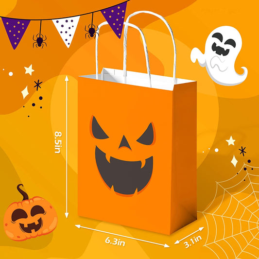 16-Pack Halloween Pumpkin Kraft Paper Treat Bags with Handles Trick or Treat