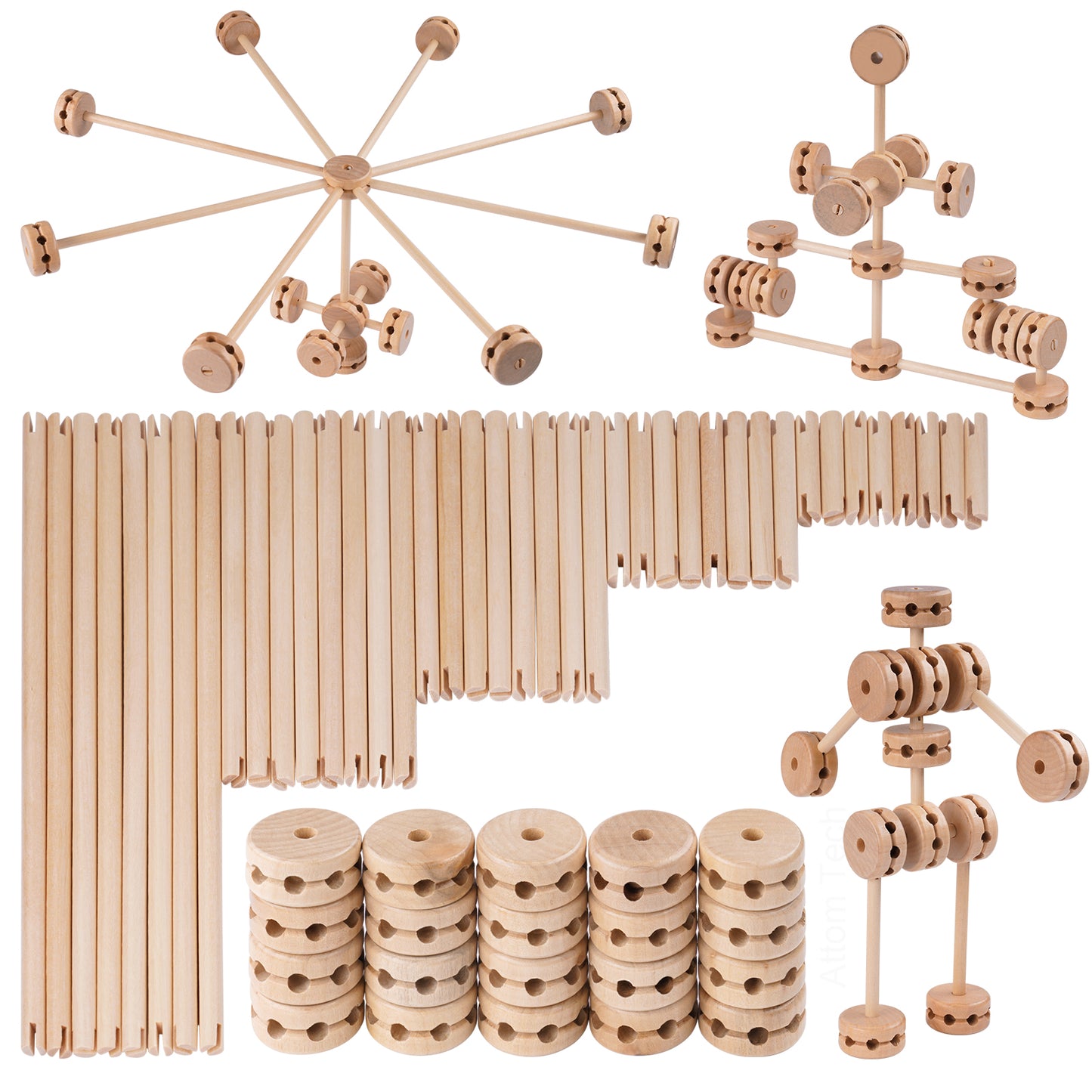 60PCS Wooden Building Blocks Montessori STEM Toy for Kids 6+, Natural Wood
