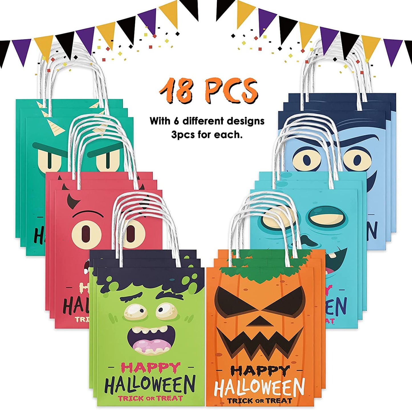 18PCS Halloween Kraft Paper Treat Bags with Handles Trick or Treat Holiday Party