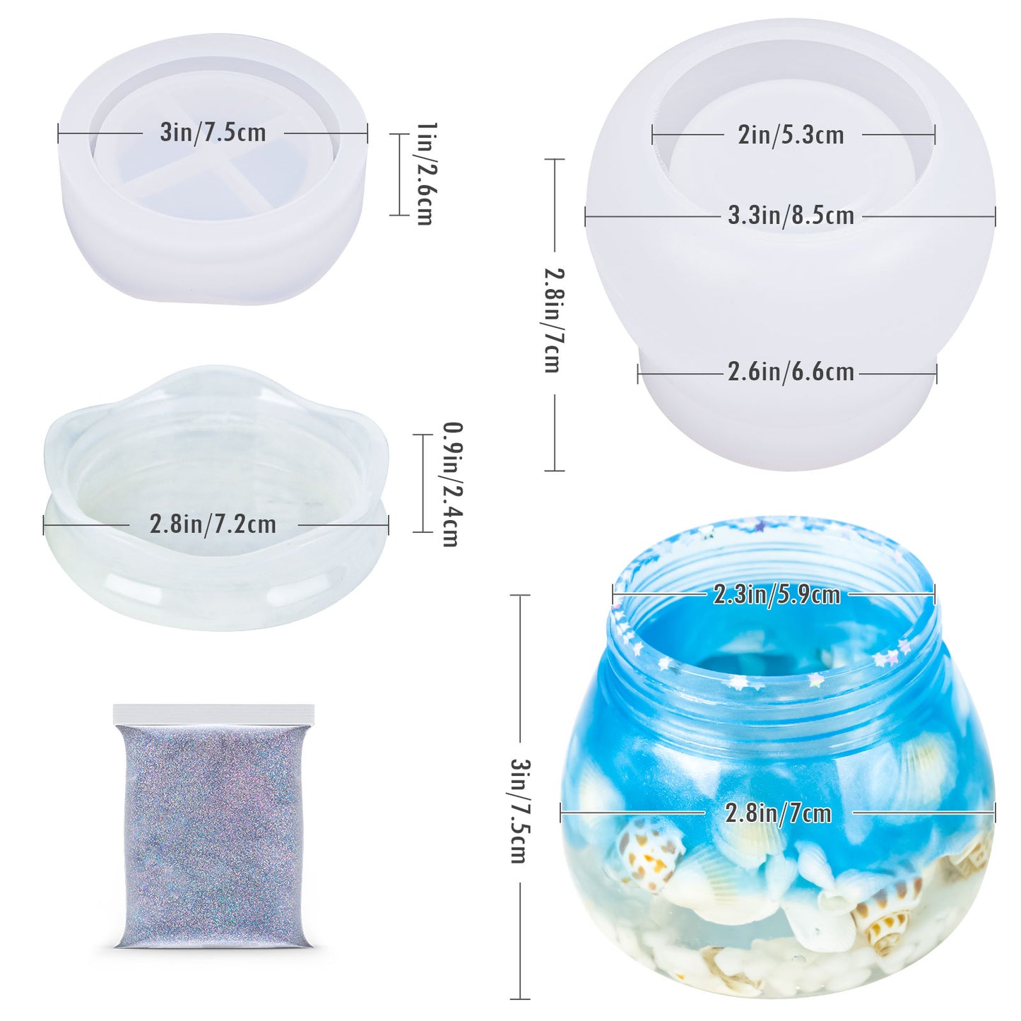 Epoxy Resin Jar with Screw-On Lid DIY Casting Silicone Mold Kit with Glitters