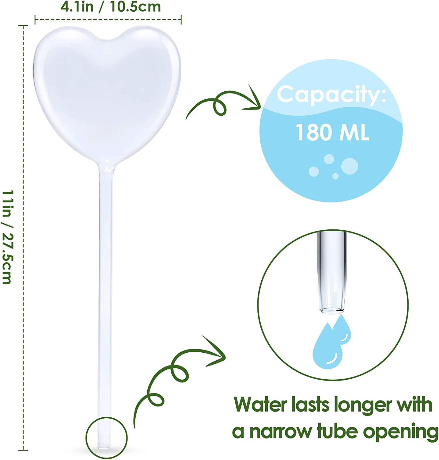 Self Watering Globes 2PC Heart-Shaped Plant Clear Glass Watering Stake Aqua Bulb