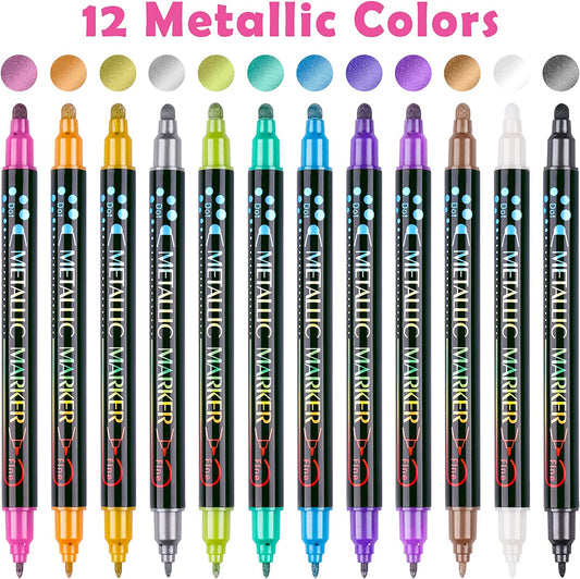 Golden Metallic Dual Tip Acrylic Paint Pens 12 Colors Fine & DOT Tip Water-Based