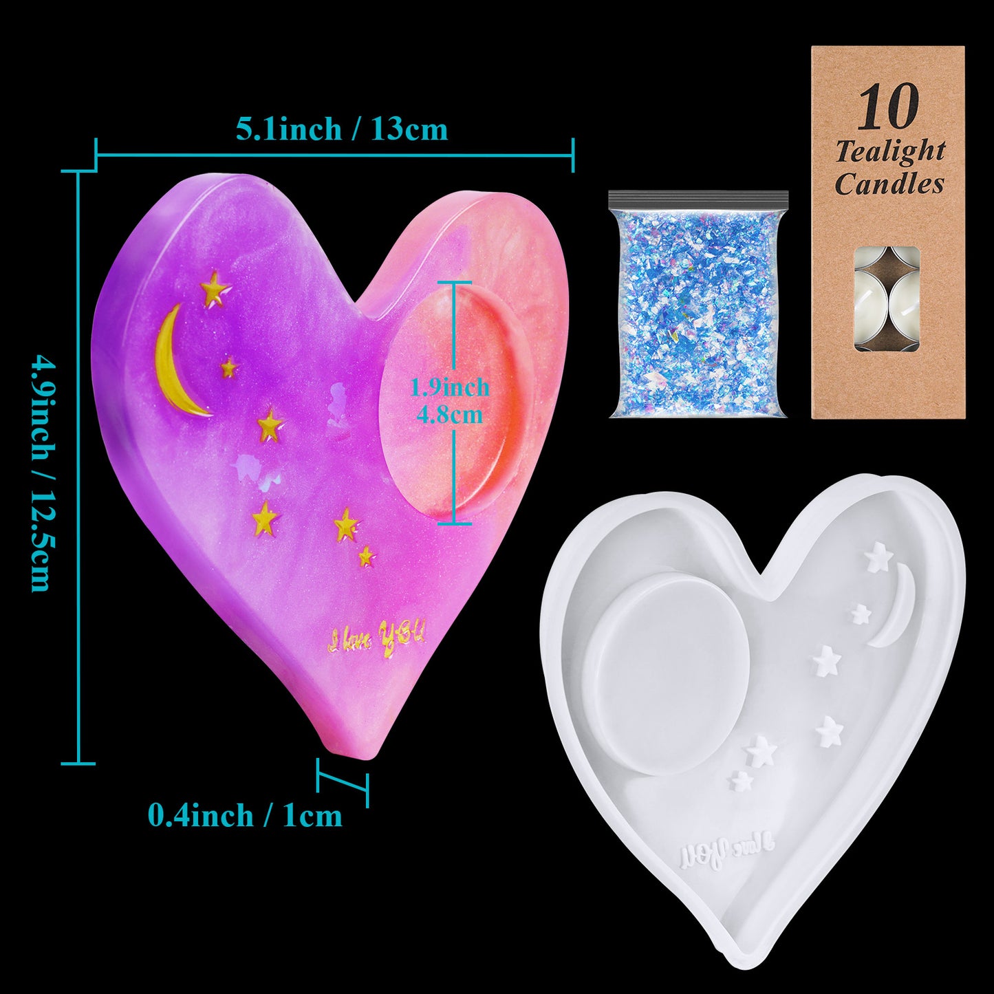 Epoxy Resin DIY Casting Silicone Mold Kit Heart Shaped Candle Holder+10PCS Tea