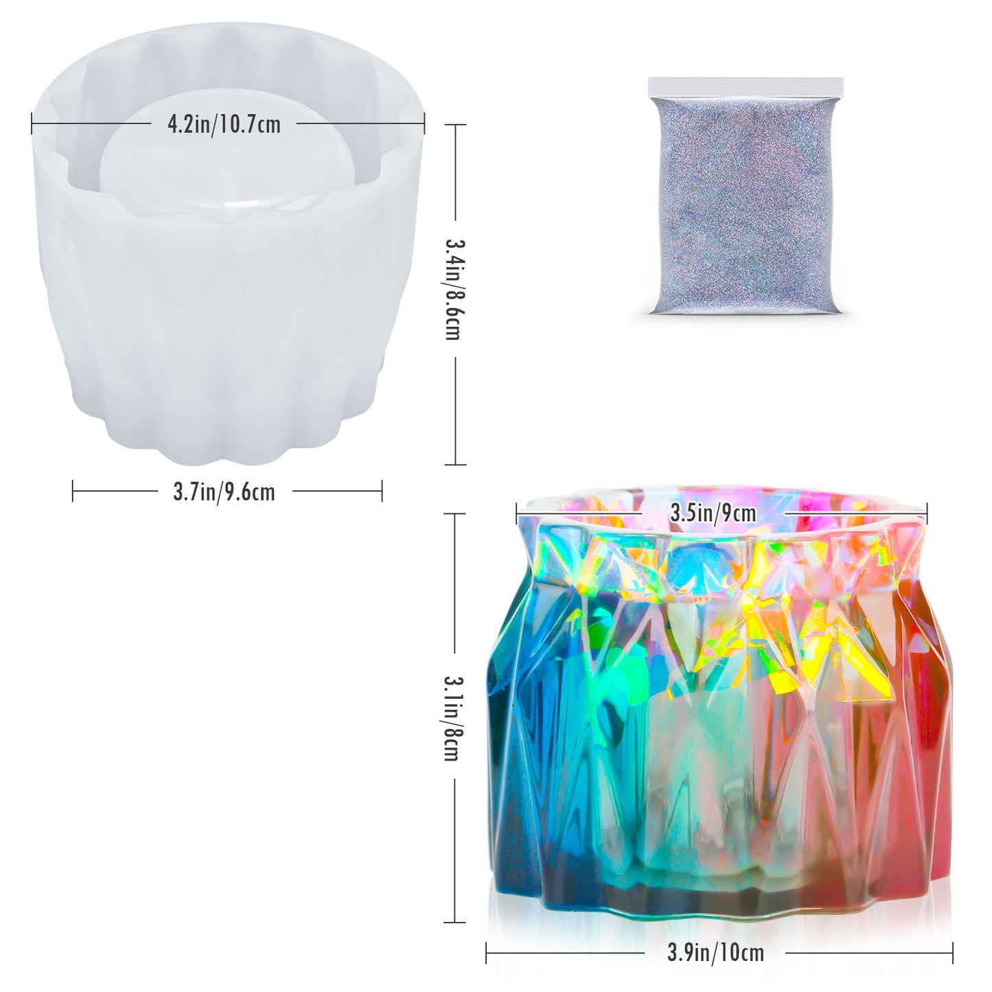 Epoxy Resin Diamond Faceted Vase DIY Casting Silicone Mold Kit+Glitters, Flowe