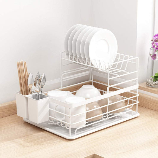 Dish Rack Utensil Holder 2-Tier Air Dry Drain Board Kitchen Plate Cup Dry Rack