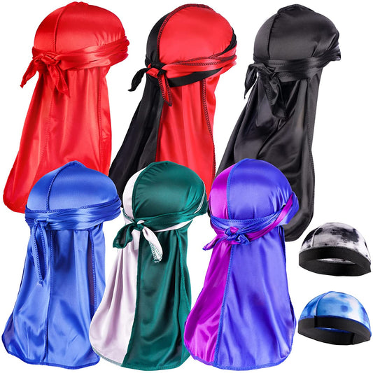 Silky Satin Durag Men Women 6PCS Unisex Fashion Wave Caps Headwrap Turban Satin