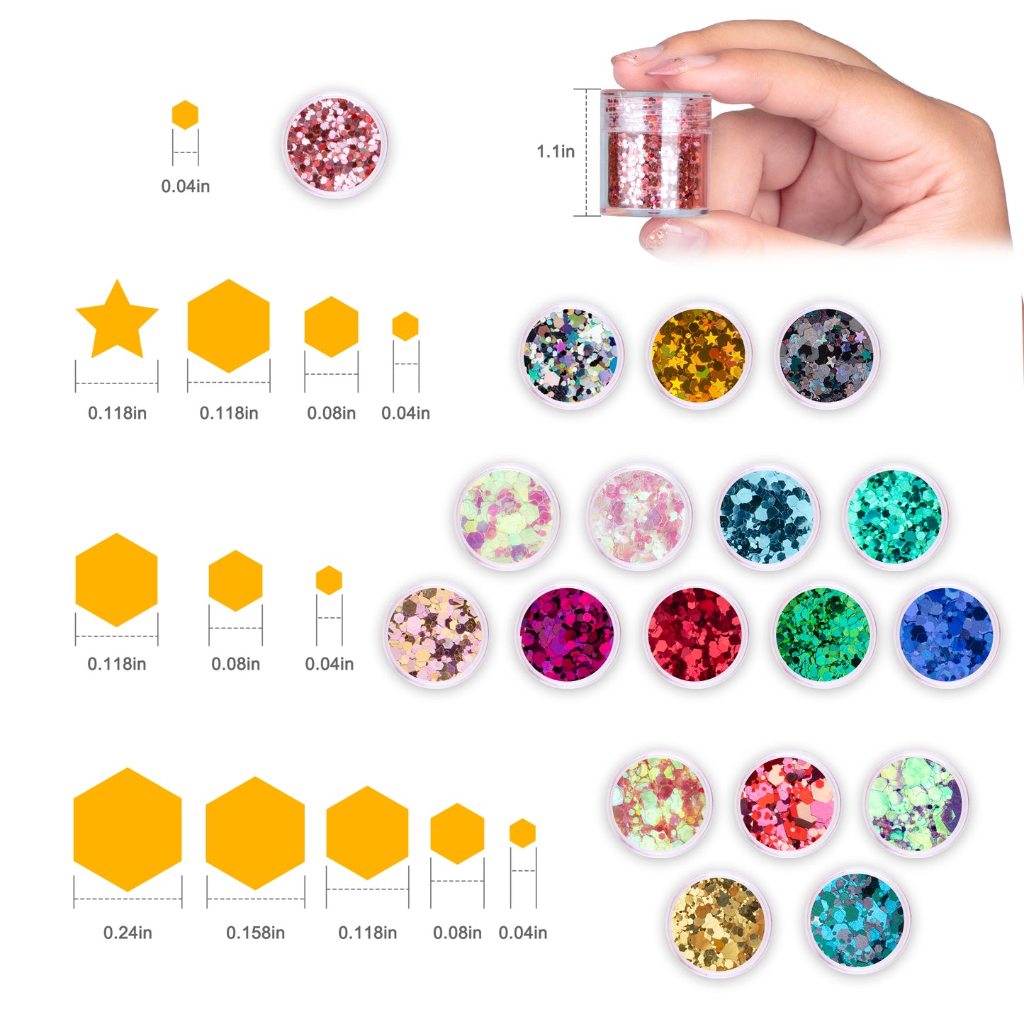 Aphlos Nail Art 18 Assorted Colors Holographic Glitters Different Size of Star A