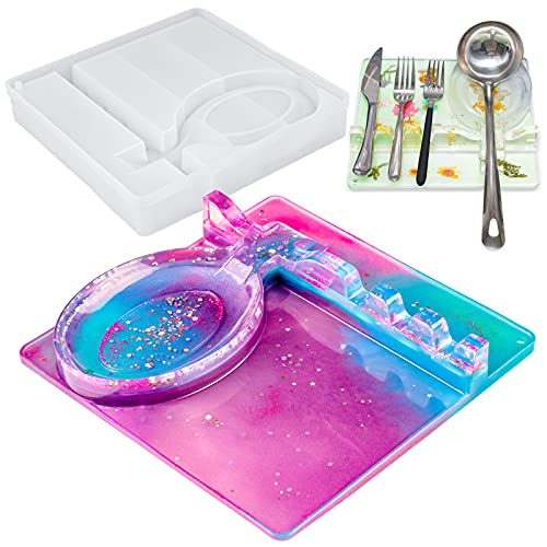 Spoon Rest Epoxy Resin Silicone Mold Kit+Gillter, 3 Slots+1 Spoon Holder Drip