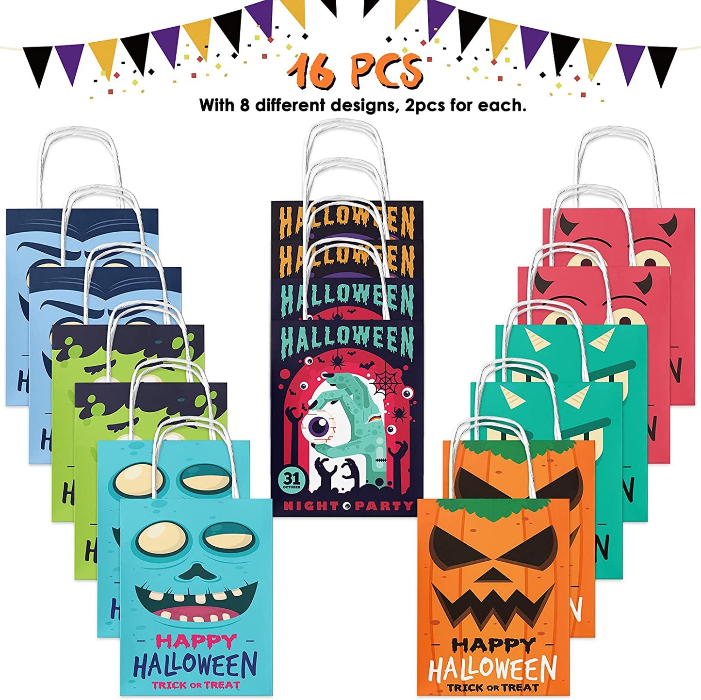 16PCS Halloween Kraft Paper Treat Bag Handle Trick or Treat Holiday Party Favor