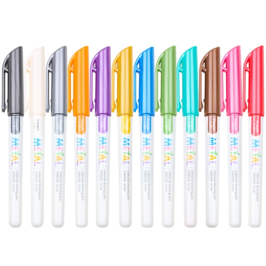 Metallic Marker Pens 12 Assorted Color 2mm Fine Tip, Sheen Glitter Painting Pen