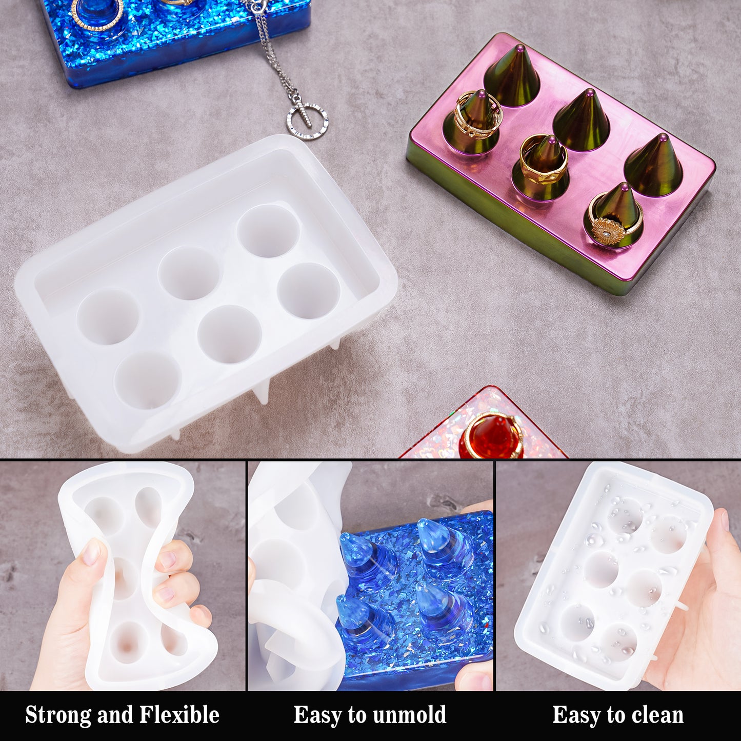 6-Cone Ring Display DIY Epoxy Resin Casting Mold Kit with Fine Glitters, Jewel
