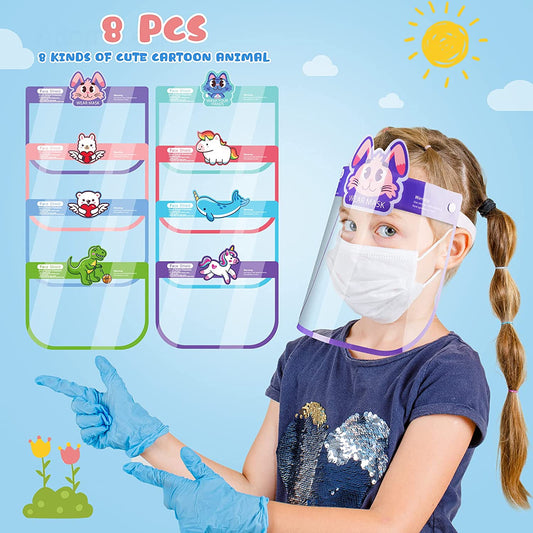 8PCS Kids Cartoon Animals Safety Face Shields Unisex Cute Reusable (8 Designs)