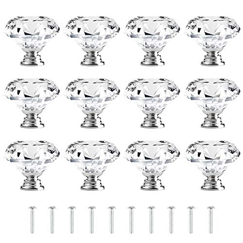 [12 Pack] Crystal Clear Glass Cabinet Drawer Pulls, Diamond Shape Cupboard Knobs