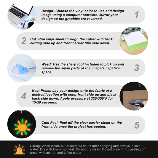 Heat Transfer Vinyl PU HTV Iron-On 9PCS 9.8"X11.9" Sheets Glow-In-The-Dark Col