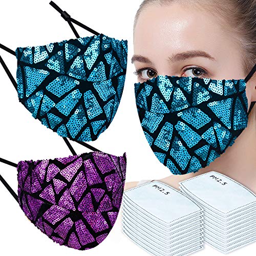 (2 Masks+20 Filters) Allover Leopard Glitter Sequin Washable Fashion Protective