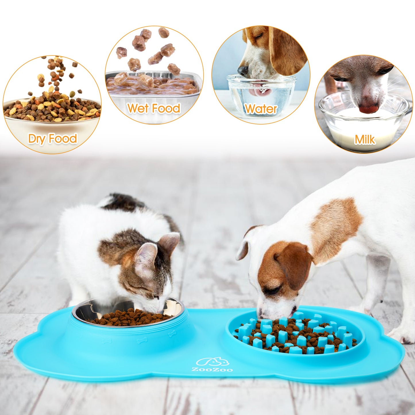 Large Slow Feeder Dog Bowl Mat Soft Silicone Stainless Steel Food Water Tray