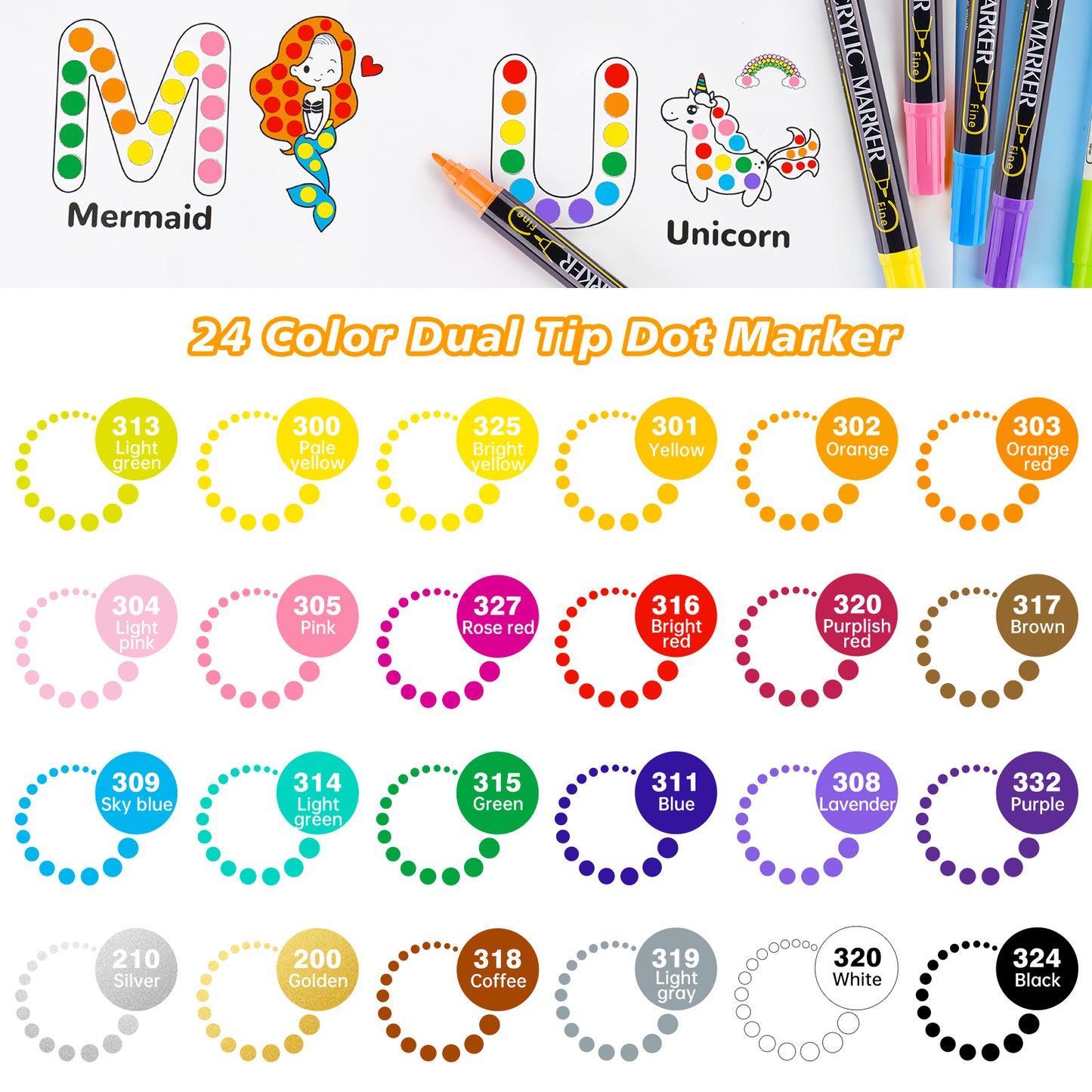 Dual Tip DOT Marker Pens, 24 Colors 1mm Fine Tip & 5mm Round DOT Tip Water-Bas