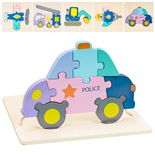 Wooden Jigsaw Puzzles for Kids, 5 Pack Vehicle Shapes Montessori Building
