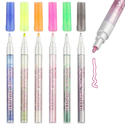 Super Squiggles Self-outline Markers Metallic Pens, 6 Colors 2mm Nylon Tip