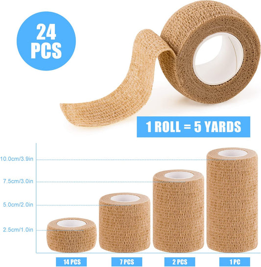 24PCS Self-Adhesive Elastic Wrap Bandage Tape Cohesive 1"/2"/3"/4" 5-Yard Rolls