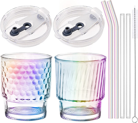 Drinking Glasses Plastic Silicone Lid 4 Glass Straw 2 Brush 8PC Set 12oz Tumbler