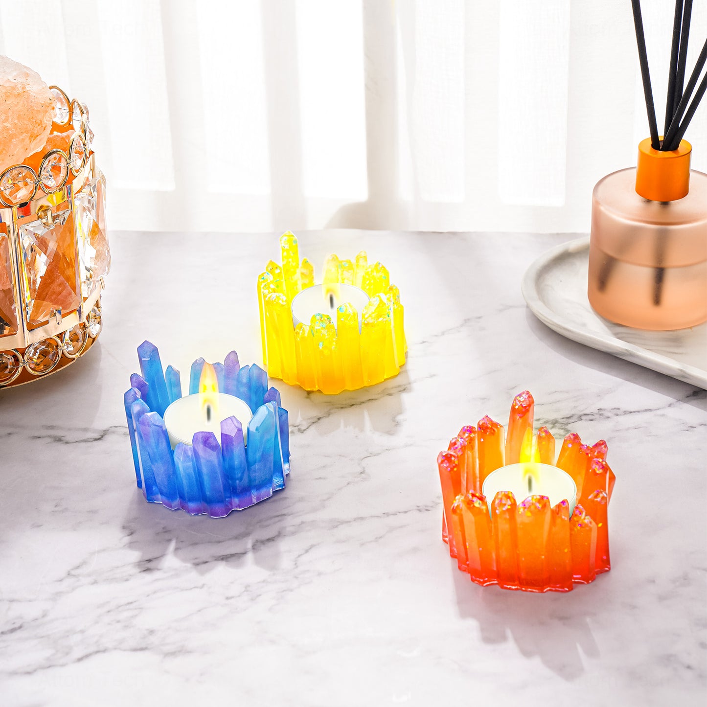 Crystal Shape Candle Holder Resin Silicone Mold+10 White Tealight Candles+Glit