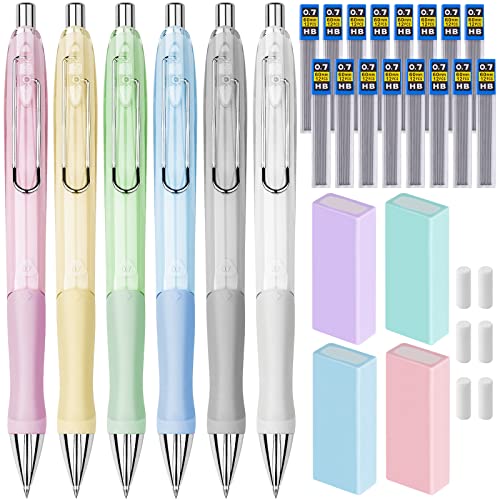 Mechanical Pencil 0.7mm 6PCS+16 Lead Refill+4 Eraser+6 Cap Erasers School Office