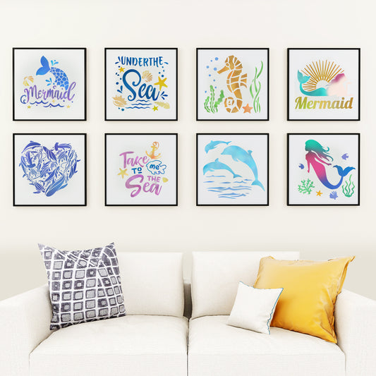 20PCS Sea Creatures Stencils, 5.9'' Mermaid Seahorse Whale Dolphin Fish School