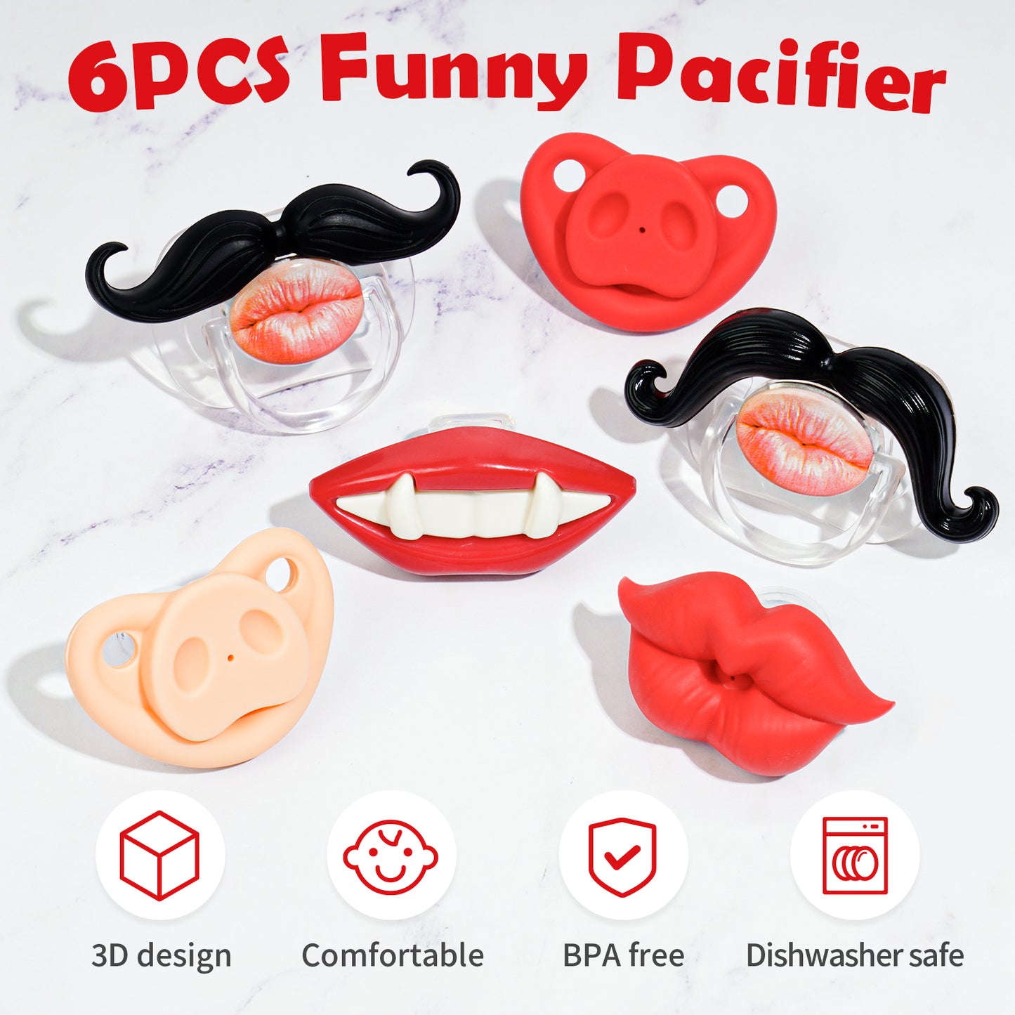 6PCS Soft Silicone Infant Baby Pacifiers, Funny Lips Orthodontic Cute Pacifiers