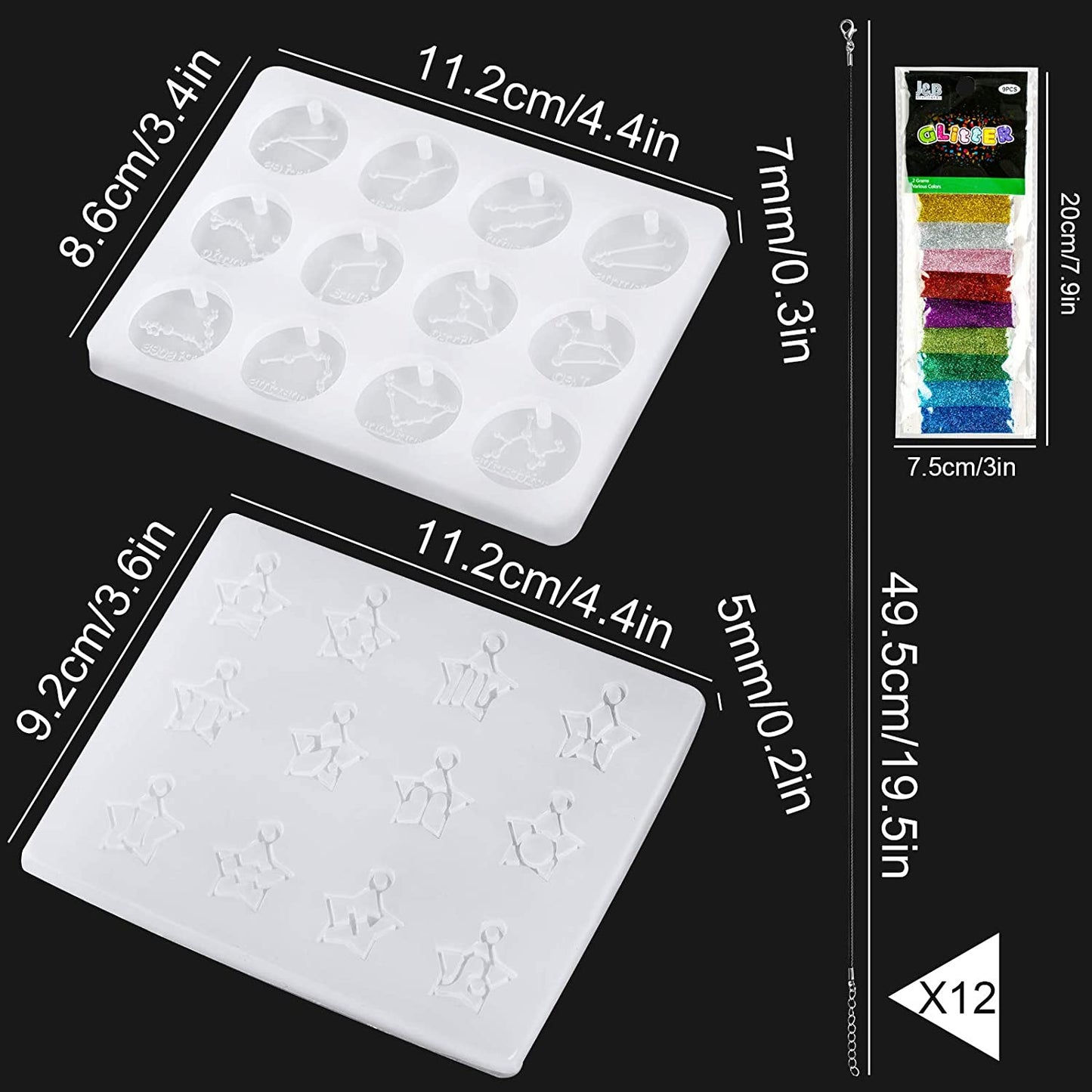 NiArt Resin Silicone Molds 12 Constellations+12 Zodiac Star Signs+Glitter+Cords