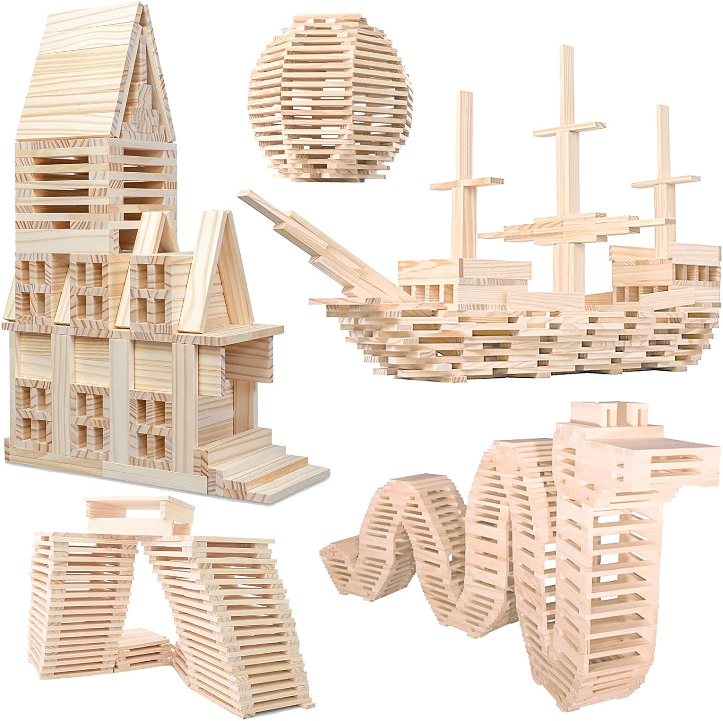 Wooden Plank Building Block 200x Sensory Toy 3D Space Stacking Game Natural Pine