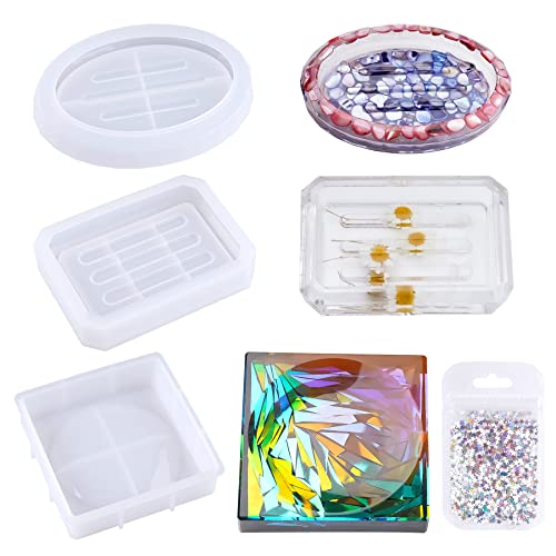 Soap Dish Resin Silicone Mold Kit 3 Shapes Oval/Square/Rectangle + Star Sequins