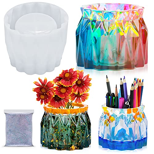 Epoxy Resin Diamond Faceted Vase DIY Casting Silicone Mold Kit+Glitters, Flowe