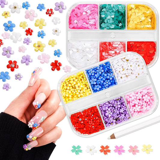 3D Flower Nail Charms Cherry Blossoms Sequins 2 Boxes Acrylic Floral Rhinestones