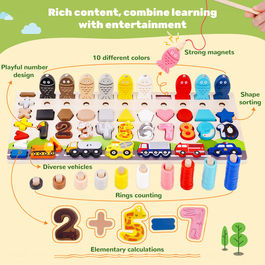 Wooden Magnetic Fishing Puzzle Sorting Stacking Toy 6-In-1 3D STEM Montessori