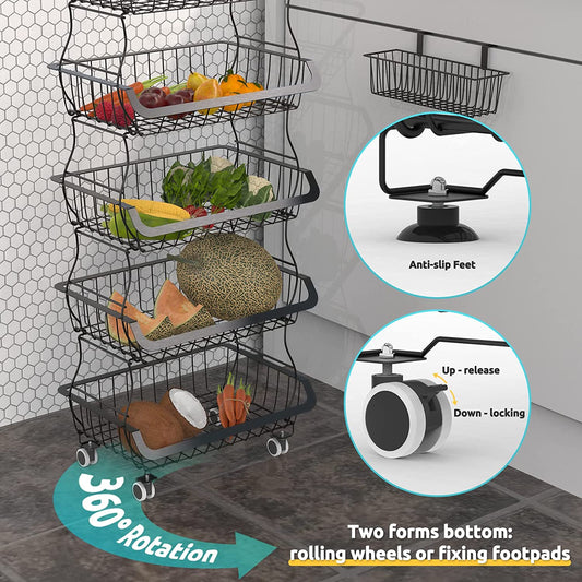 Fruit Basket Cart with Rolling Wheels 5-Tier Footpads & 2 Free Hanging Baskets