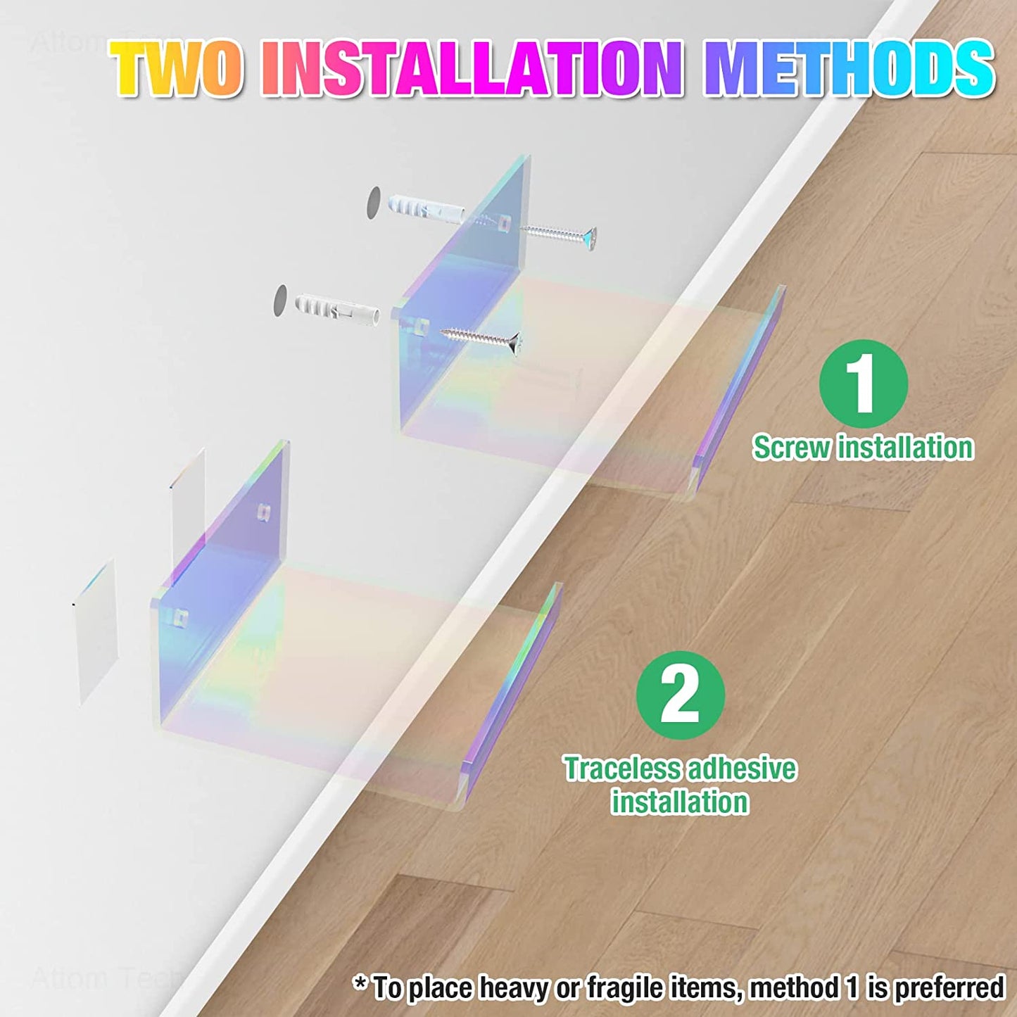 Iridescent Acrylic Floating Shelves with Edge 5PCS Small Wall Mounted 4.3"x3.5"