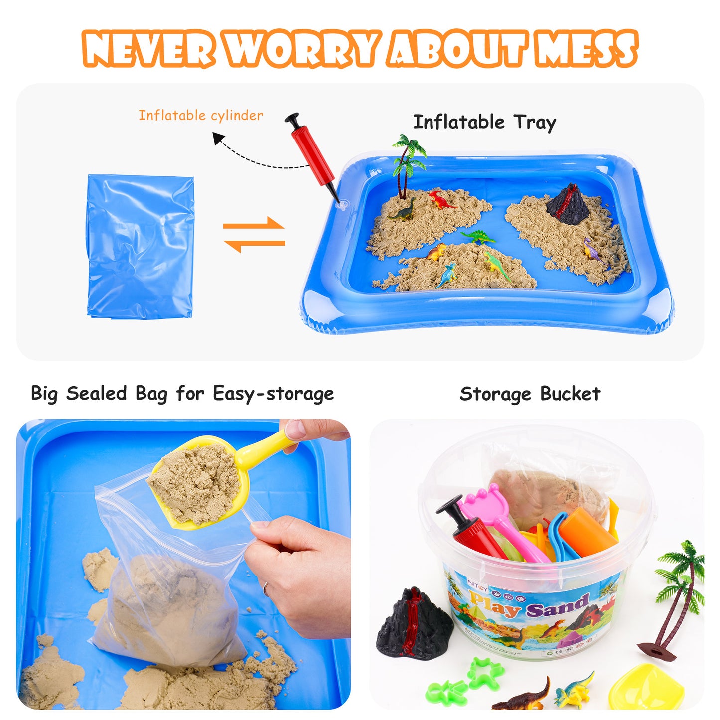 Play Sand Kit 3.3lbs 2 Colors Sensory Sand with Dinosaur Animal Cake Molds Tools
