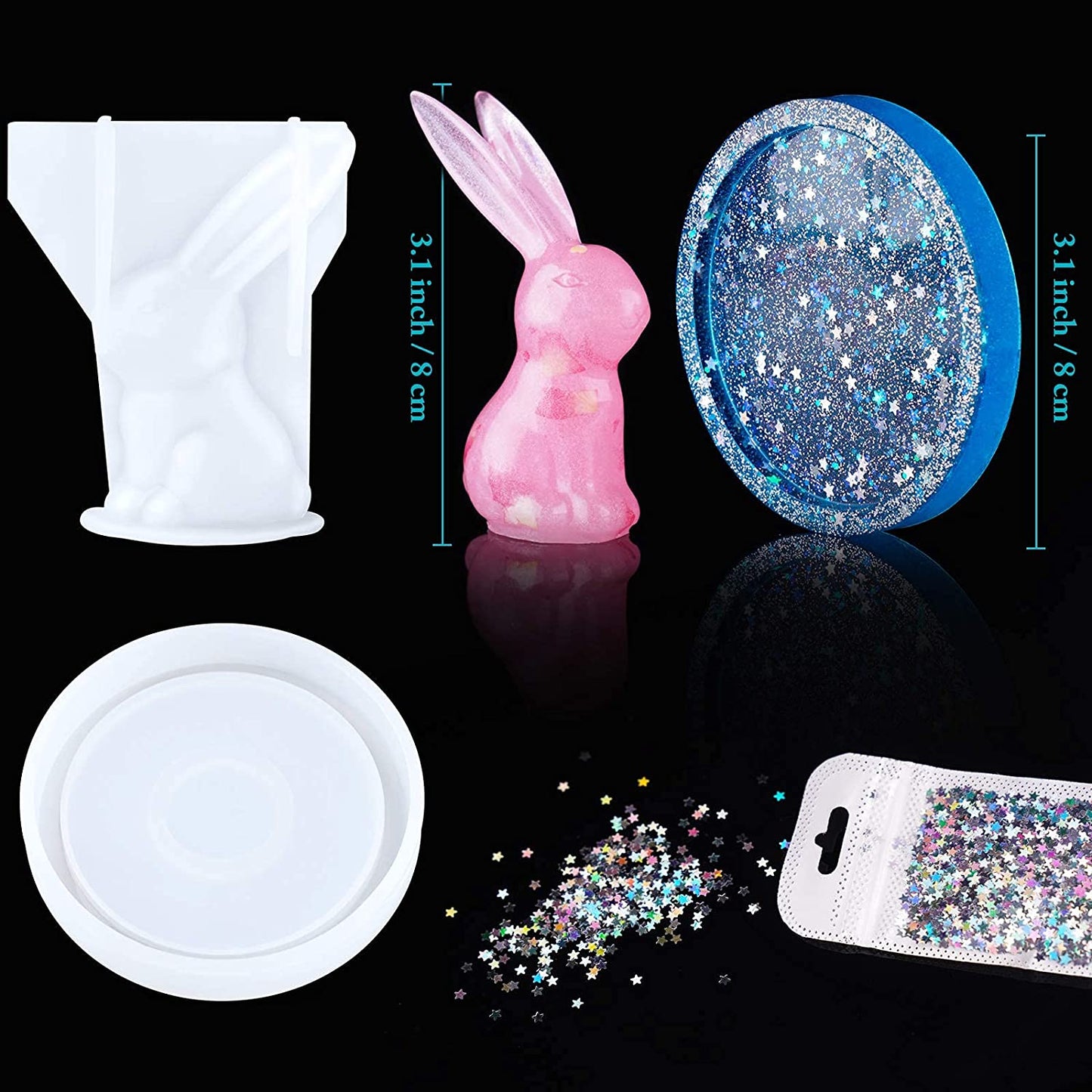 NiArt Resin Casting Silicone Molds 2PCS 3D Bunny Ring Holder+Green Laser Sequins