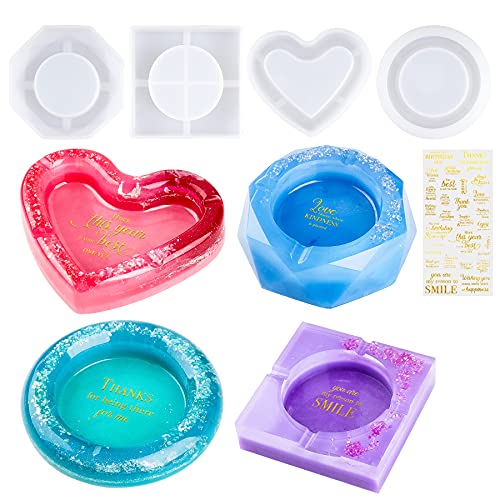 Ashtray Epoxy Resin Casting Silicone Molds, 4 Shapes Round/Square/Heart/Octago