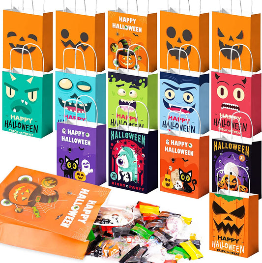 5PCS Halloween Kraft Treat Paper Bags Handles Assorted Designs Trick or Treat